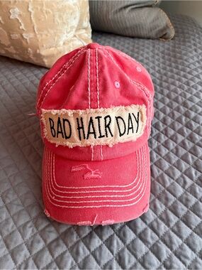 Women’s distressed faded red “Bad Hair Day” Patch Baseball Cap